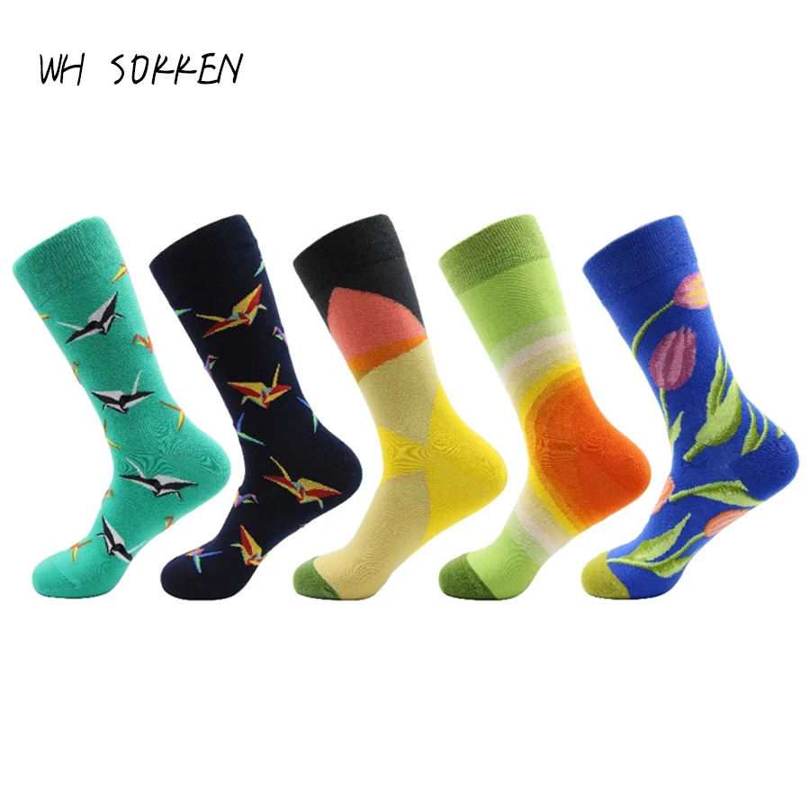

WH SOKKEN 2019Funny colorful men's cotton stocks party hip hop style origami crane christmas gift for dress casual happy