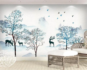 

Beibehang Photo Wallpaper Mural New Chinese Ink Painting Landscape Tree Deer Wall Decorative Painting wallpapers for living room