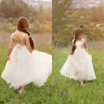 

Simple Design Flower Girl Dress with Flower Sequins Top Beading V-Back Scoop Neck Custom Made Girls Pageant Gowns New Arrivals
