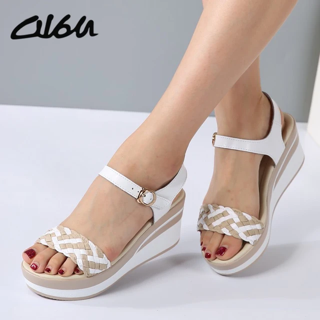 O16U Female Sandals Shoes Wedge Platform Leather Ladies Buckle Sandals High Heels Weave Strap Sandals For Women Summer 2017