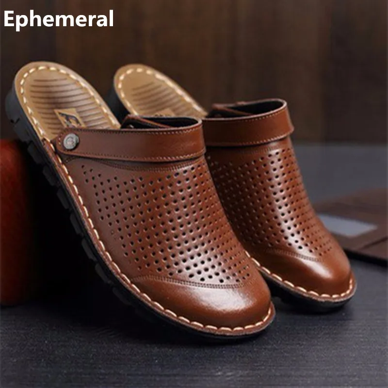 Men s Cheap Microfiber Slippers size 48 Genuine Real Leather Back strap Rivet Flat Cut Outs