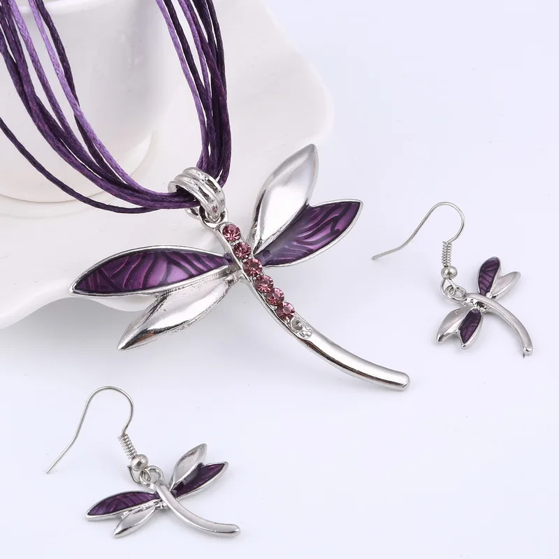 

MINHIN Luxury Silver Dragonfly Pendant Jewelry Sets Women New Design Rhinestone Multi Layers Rope Necklace Earring Set