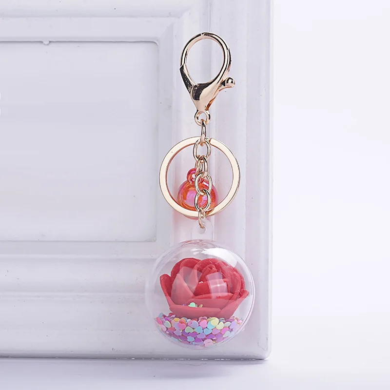 New Fashion Sequins Glitter Rose Keychain Pendant Transparent Plastic Eternal Flower Key Chain Women Car Handbag Keyring