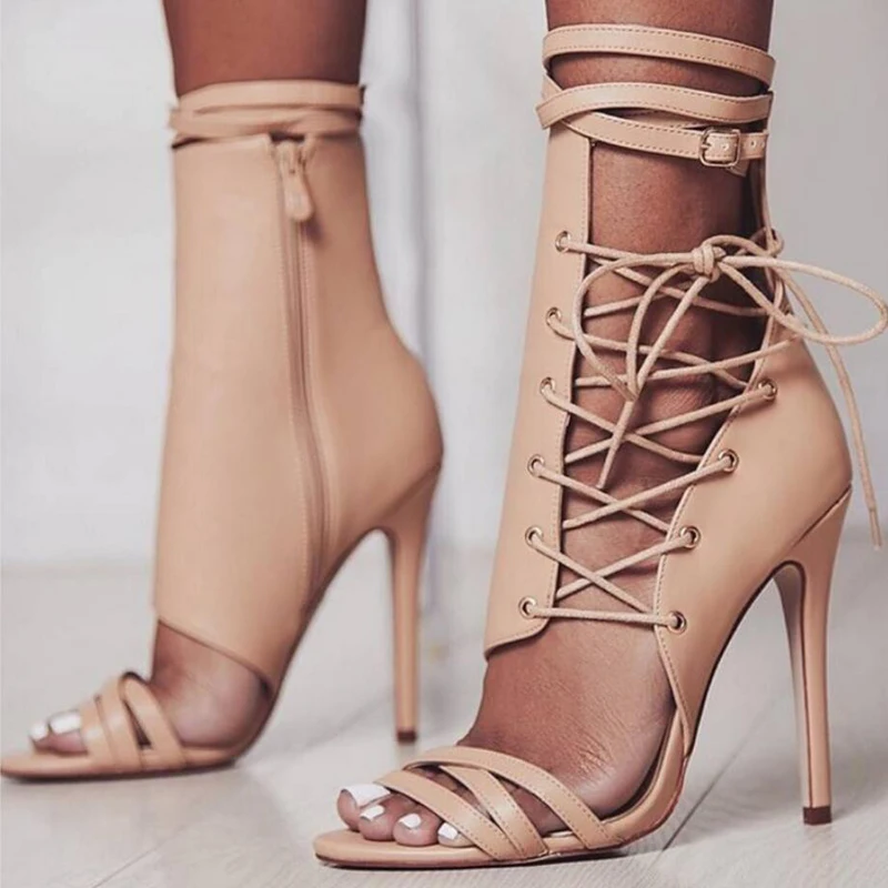 Women's Boots' Womens lace-up Super High Heels gladiator Summer Boots Women Zip Motorcycle Ankle Boots For Women Leather Black black rivets lace up womens motorcycle boots
