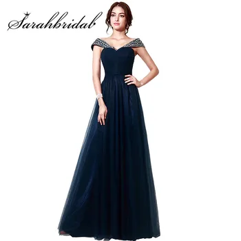 

Navy Blue Elegant Evening Dresses Long Cheap Off Shoulder Tulle Real Photos Crystal Prom Party Gowns Floor-Length SD204