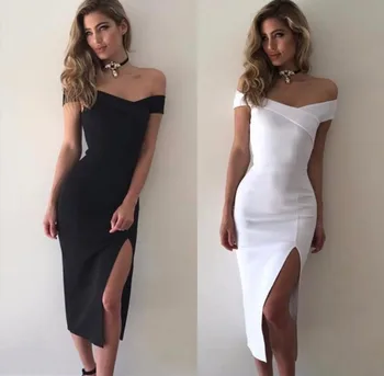 

High Quality Slash Neck White Black Open Fork Knee Length Slim Rayon Bandage Dress Evening Party Dress