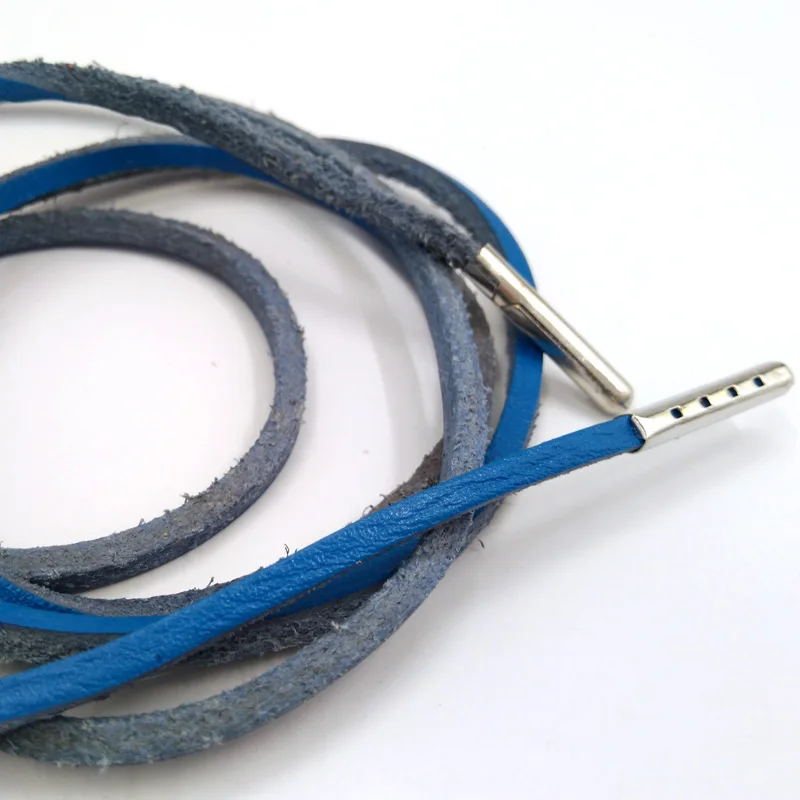 1-12Pairs Blue Mens Fashion Quality Genuine Top Layer Leather Shoelaces Retro Leather Boots Shoe Shoestring Metal Head Shoelaces