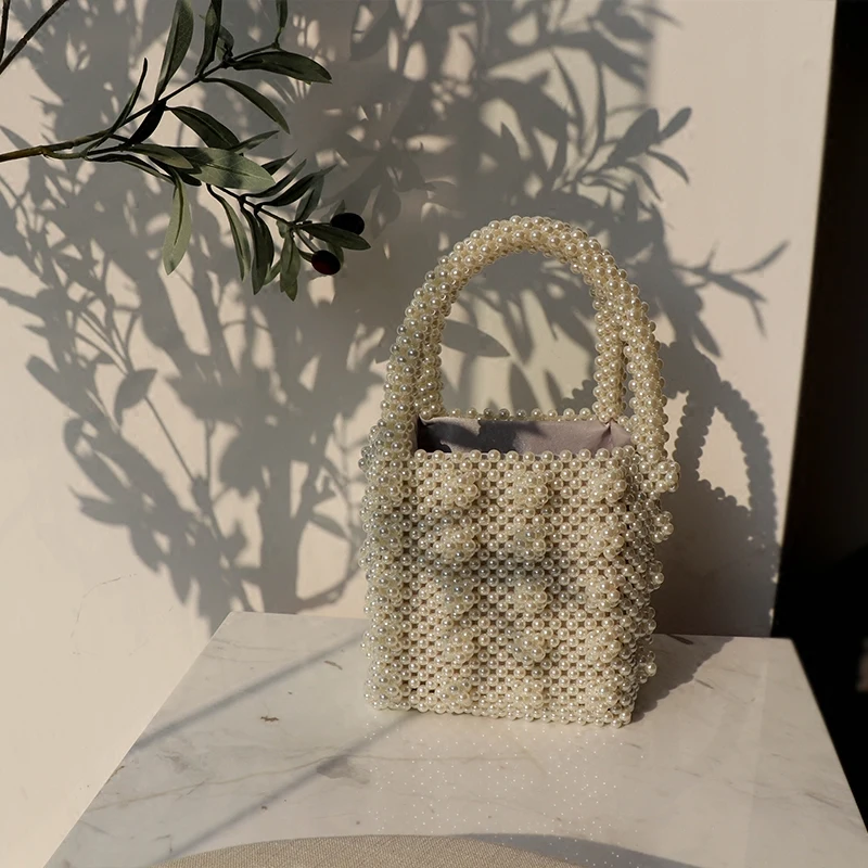 Handmade Pearl Lady Tote Luxury Handbags Small Box Evening Bag Fashion Vintage Female Top-handle Purse Chic ins Box Bag Brand