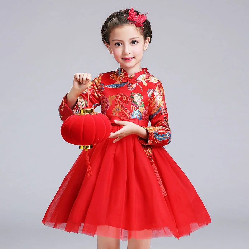 

Elegant Winter Long Sleeves Red Flower Party Chinese Style Fancy Kids Girls Dress Toddler Children Costume Teenagers Clothing