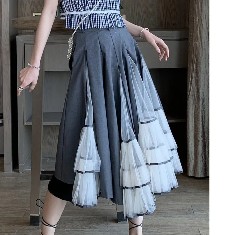 

TVVOVIVN 2019 New Spring Summer High Elastic Waist Gray Pleated Hit Color Split Joint Half-body Skirt Women Fashion Tide V805
