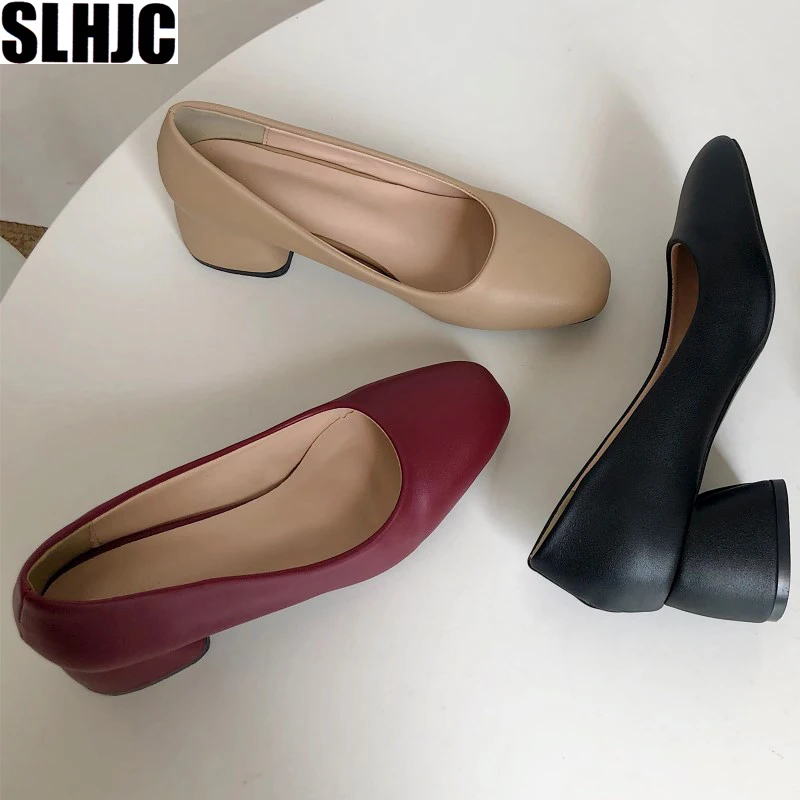 

SLHJC Women Leather Shoes Med Heel Square Toe Shallow Mouth Pumps Retro Lady Office Work Heels Pumps Shoes 4 CM