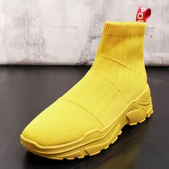 

Luxury Men Yellow Casual Comfort Shoes High Top Socks Shoes Man Breathable Short Cowboy Boots Black Trending Ankle Boots