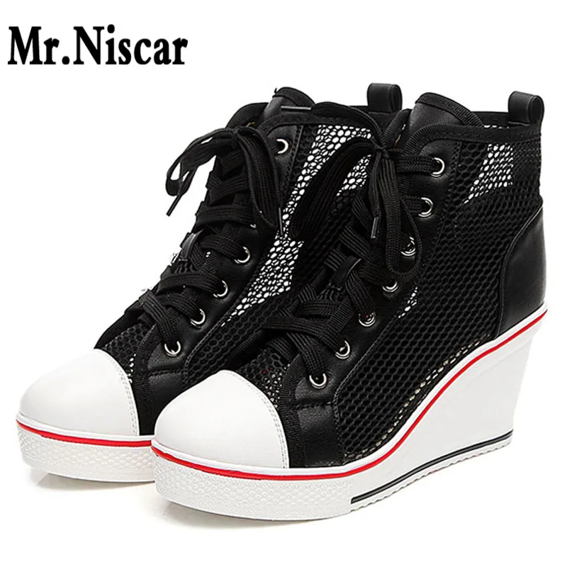 

Wedge Mesh High Heels Sandals Wedges with 8 cm Increased Women Casual Sneakers High Top Laces Women Mesh Hollow Out Shoes Summer