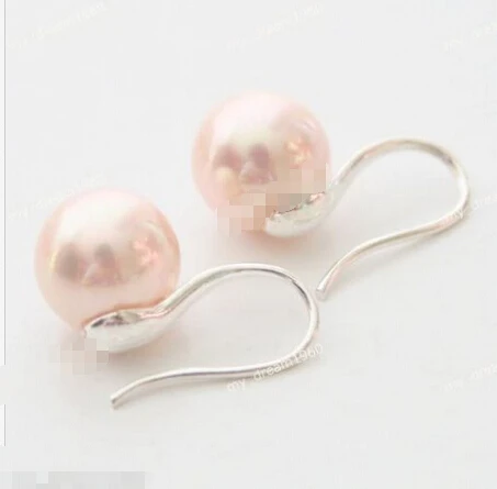 

Free shipping Beautiful 10mm Pink Shell Pearl 925 Sterling Silver Hook Earrings -Bride jewelry free shipping