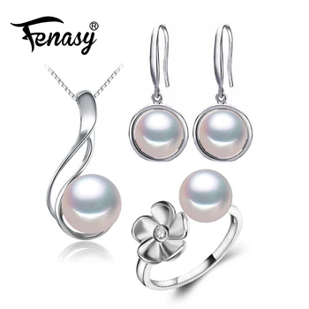 

FENASY Pearl Jewelry wedding engagement jewelry sets Natural Pearl pendant Necklace women geometric pendant cute ring female