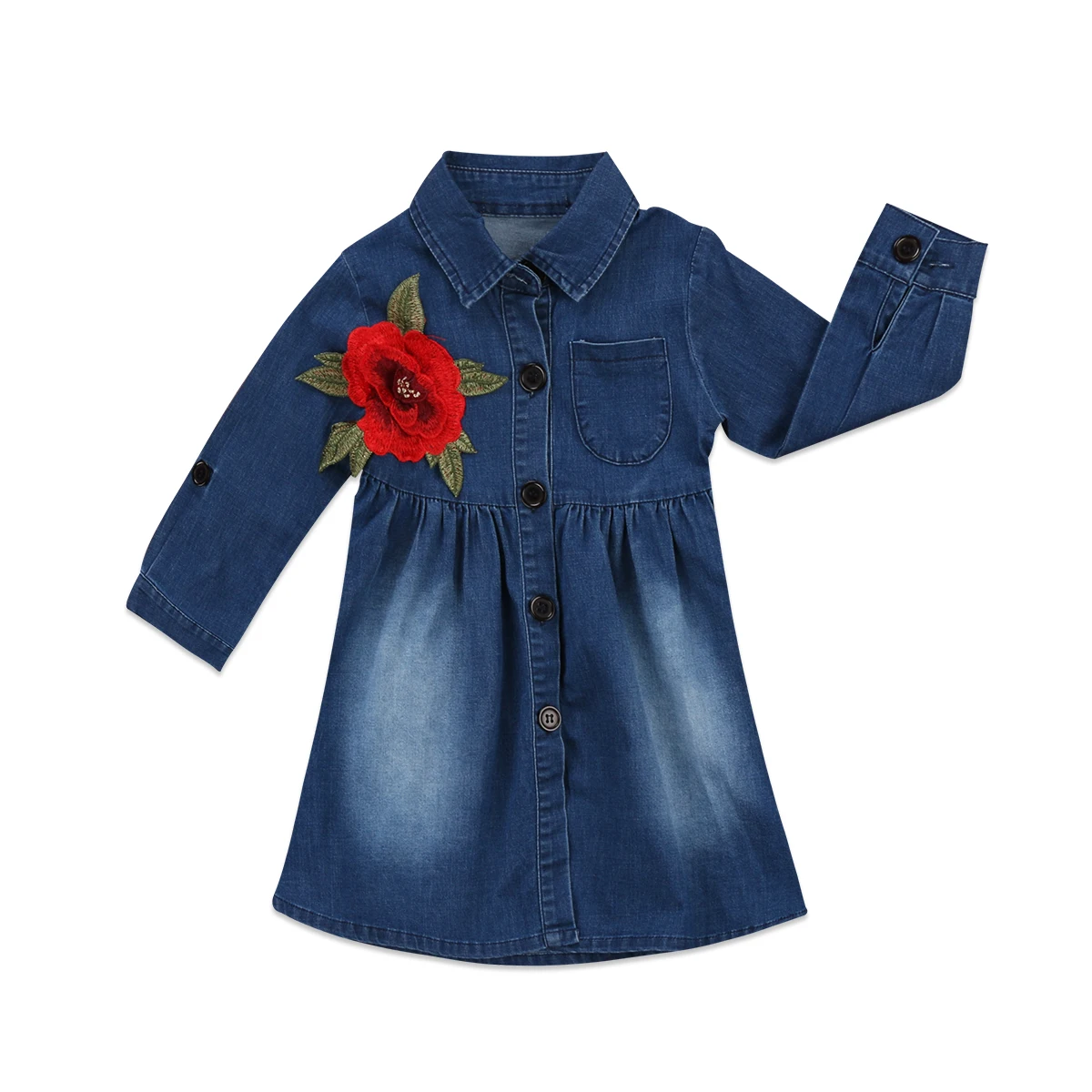 New Rose Baby Girl Denim Dress 2017 Children long Sleeve Denim Dresses