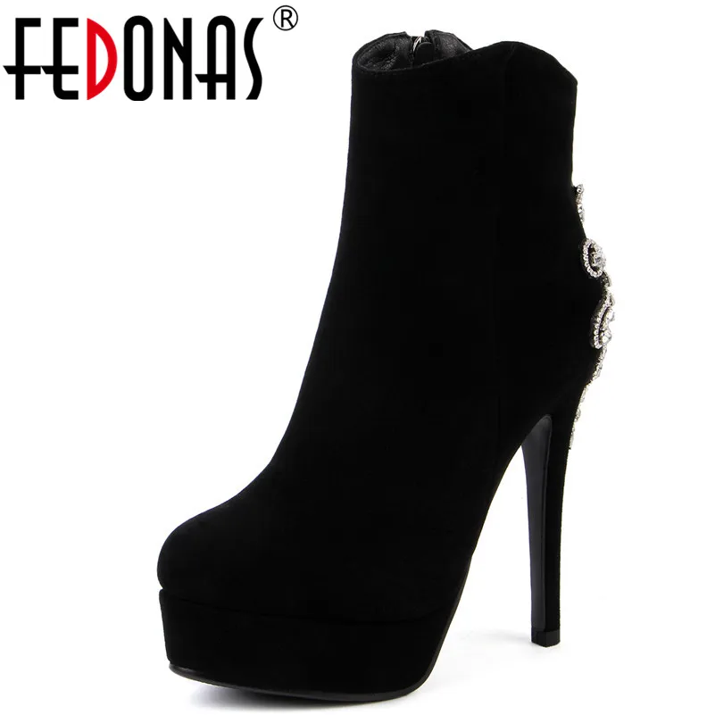 

FEDONAS Sexy Women Thin High Heels Rhinestone Party Wedding Shoes Woman Platforms Suede Leather Prom Pumps Ladies Zipper Boots