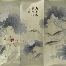 Горячие продажи Классический элегантный Ручная роспись шелковые обои картины лотоса с рыбами обоев многих искусств и фон опционально
