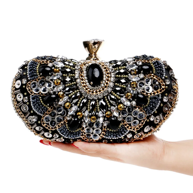 Luxy Moon Silver Black Crystal Metal Decorative Clutch Bag Front View