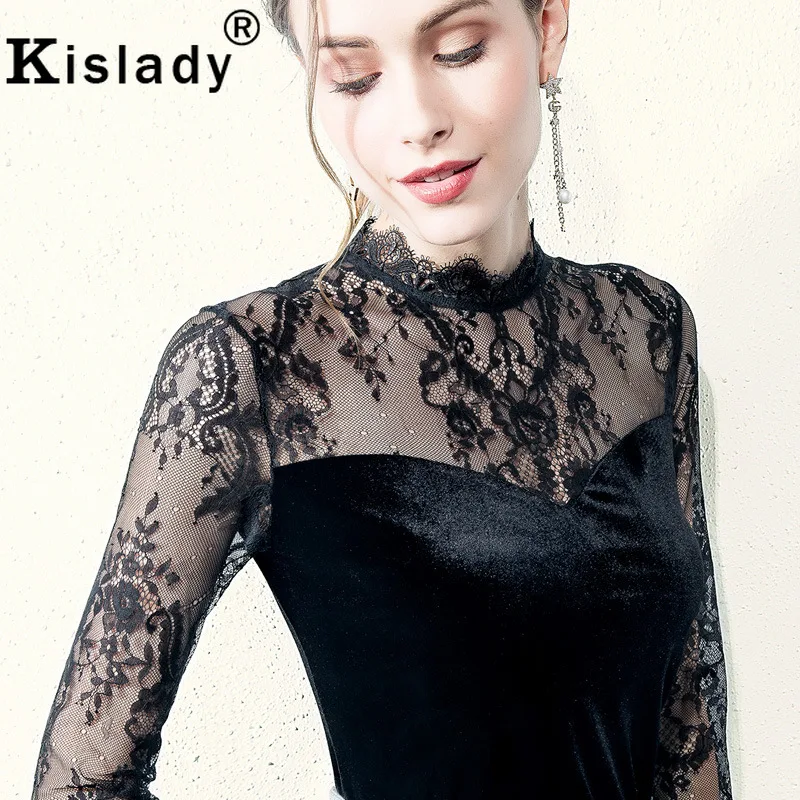 Kislady сезон: весна-лето кружево Лоскутная Блузка для женщин; большие размеры пикантные сетчатые топ с круглым вырезом с расклешенными рукавам
