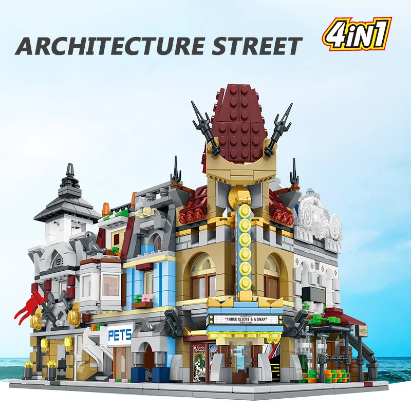 

MEOA NEW City Creator Series 4 IN 1 Restaurant Cinema Fire Station Pets Shop Building Blocks Bricks Assembly Streetscape Model