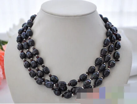 

06478 3row rice black freshwater cultured pearl garnet bead necklace