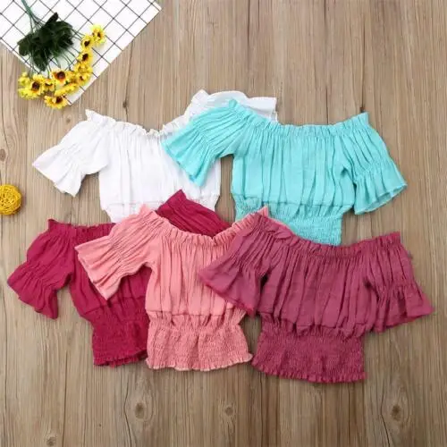 

Stylish Toddler Baby Girl Clothes Solid Color Off Shoulder Tops High Waist Bow Party Outfits Summer T-shirt Blouse