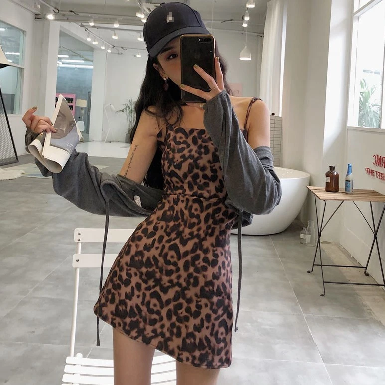 

Fashion Women Sexy Leopard Print Basic Dresses Sleeveless Slim Vestidos Vest Tanks Bodycon Dress Strap Solid Party Dress