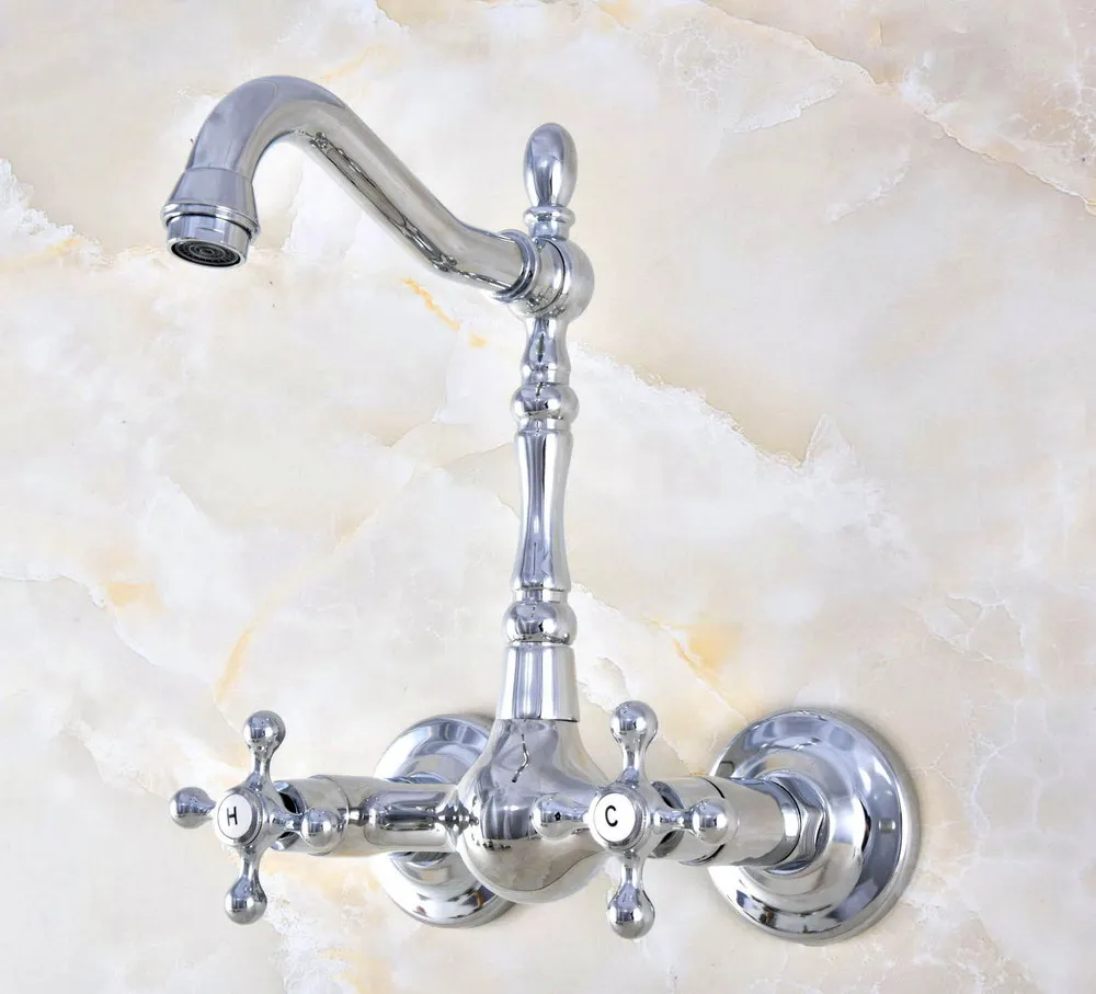 Modern Polished Chrome Brass Wall Mounted Bathroom Basin Kitchen Sink Faucet Swivel Spout Mixer Tap Dual Cross Handles anf582
