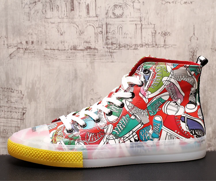 

European and American style New Luxury Brand Men Fashion High Top Sneakers Print Casual High Shoes Men Elastic Band Microfiber