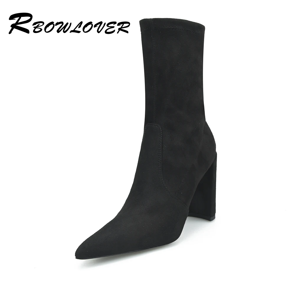 

RBOWLOVER Women Mid-calf Boots Flock Stretch Sexy 9cm Square Heels All-Match Boots Big size 34-43