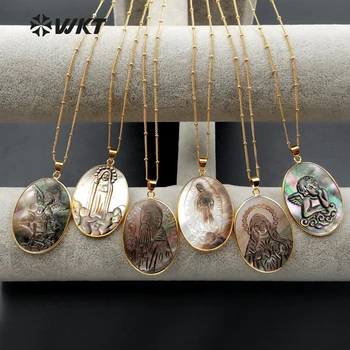

WT-N1083 WKT Wholesale New Arrival Fashion Unique Design holy Jewelry Oval Shape Engraved Shell Pendant Necklace