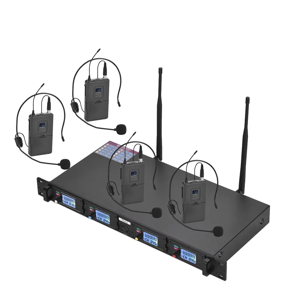 

Muslady D4-2 Professional 4-Channel UHF Wireless Microphone System Includes 4 Headset Microphones with Bodypack Transmitters
