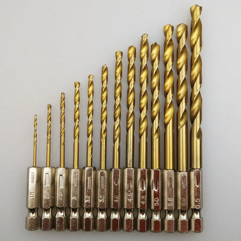 13PCS High Speed Steel Drill Bit Combo Titanium Coated 1/4 inch Hex