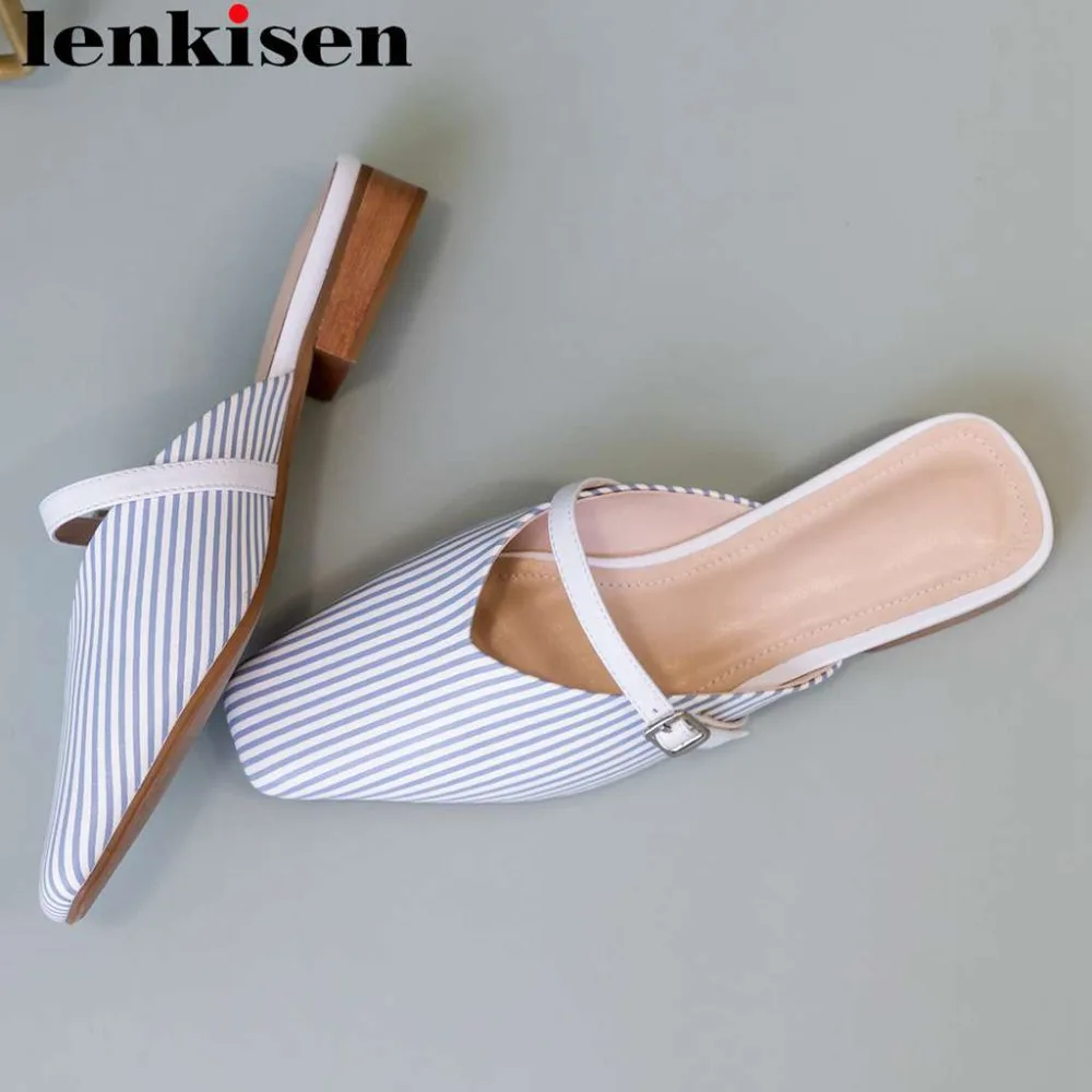 

Lenkisen concise style low heels buckle belt striped genuine leather low heels square toe slip on mules clubwear daily pumps L25