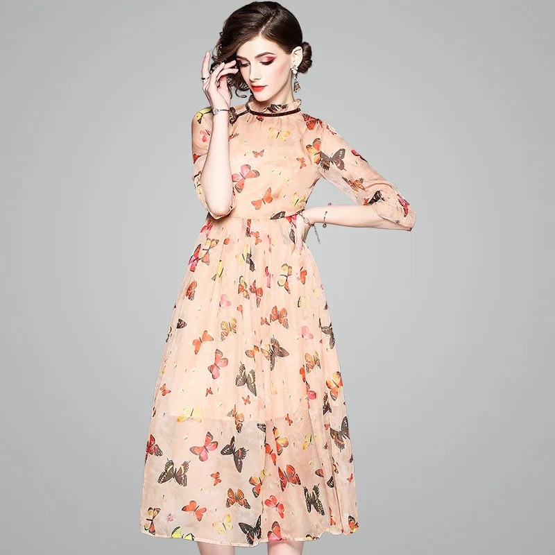 

women orange pink butterfly print colorful long dress long sleeve spring summer long chiffon dress 2018