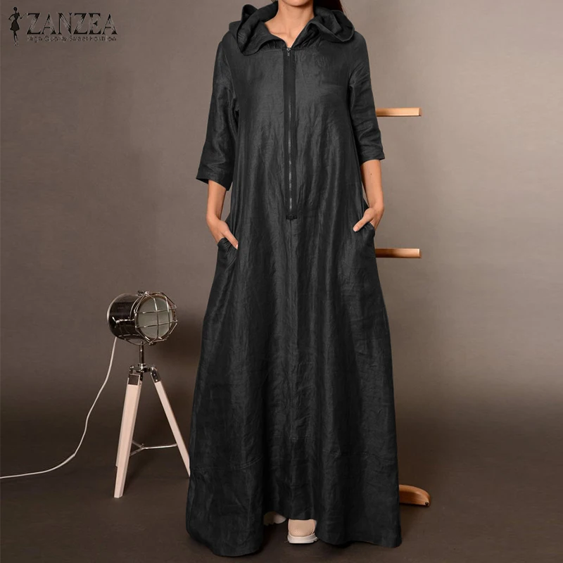 

ZANZEA 2019 Fashion Women's Summer Long Maxi Dress Casual Loose Front Zipper Hooded Pockets Vestidos Loose Kaftan DressSundress