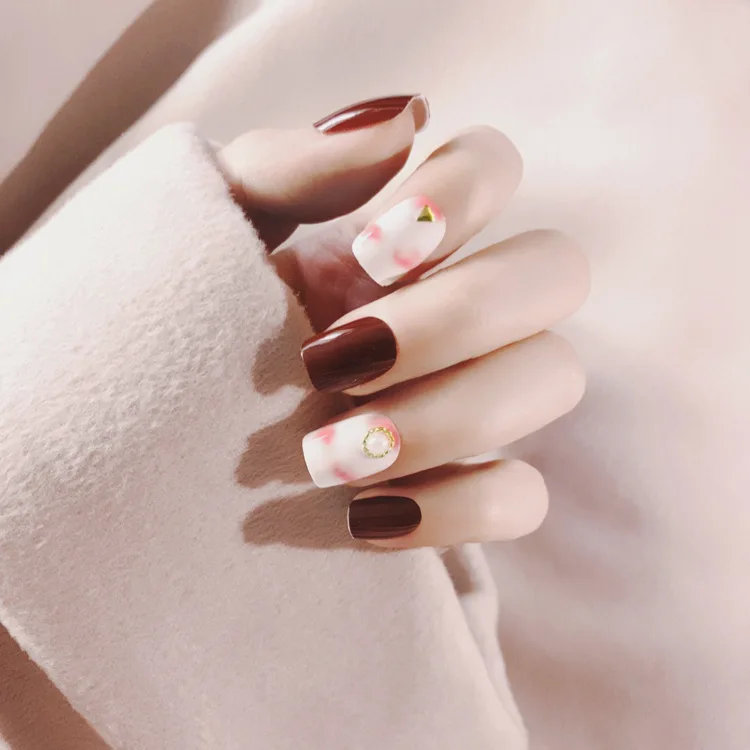 

24Pcs Fashion Fake Nails Khaki White Pink Marble Square Artificial Nail Tips with Glue Sticker for Office Home Faux Ongle#