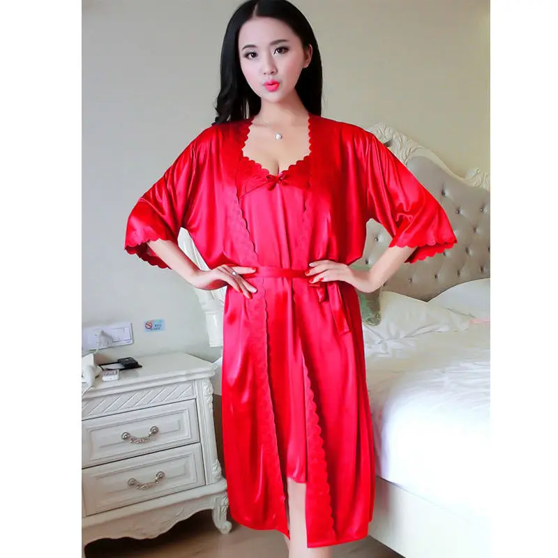 Ladies Sleepwear Robe Long Sleeve Night Dress Sleeveless Womens Sexy Luxury Satin Night Robe