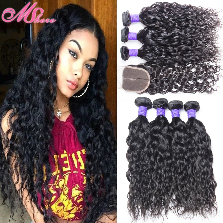 MS Here 7A Peruvian Water Wave 3 Bundles with Closure Peruvian Virgin Hair with Closure Color 1B Peruvian Human Hair and Closure