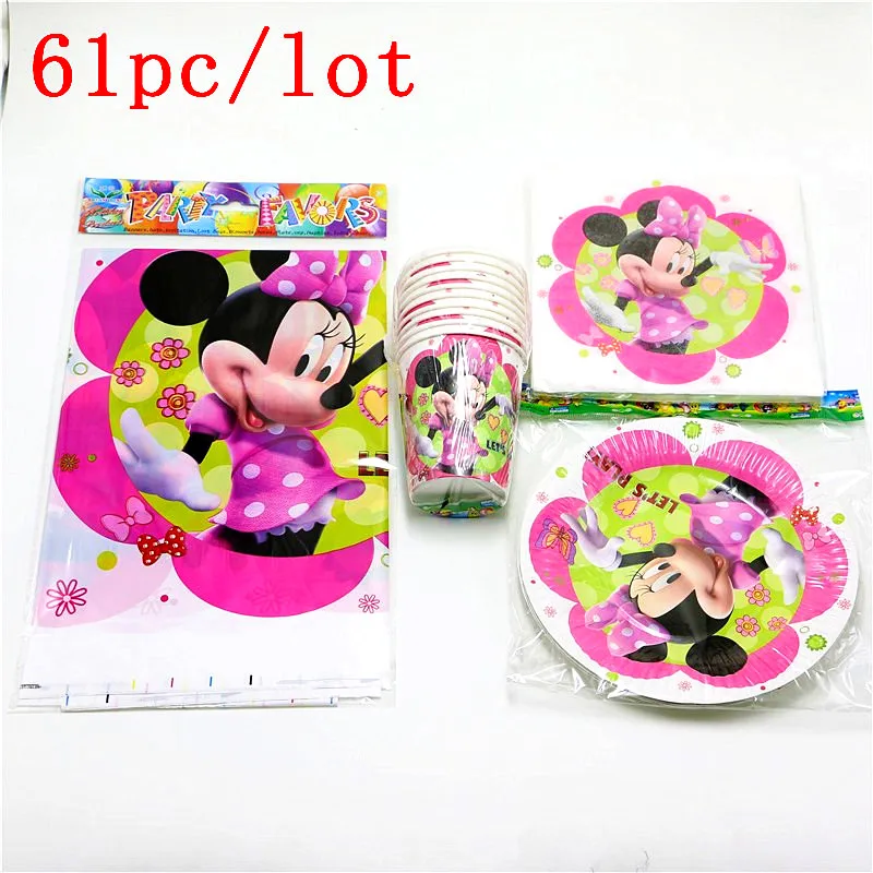 

Hot sale 61 Pcs/set Disney Minnie Mouse cartoon Birthday Decorations Kids moana Supplies Party Tableware set Cartoon Disposable