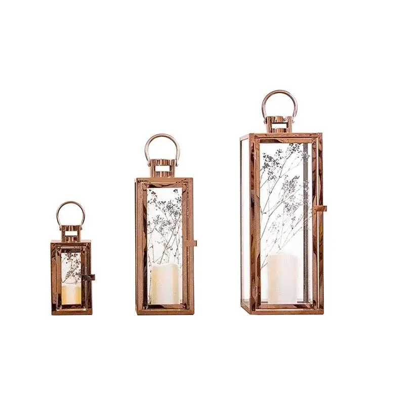 

3pcs Flameless Candle Lanterns Stainless Steel Decorative Candle Lantern for Indoor Home Decoration (Rose Gold)