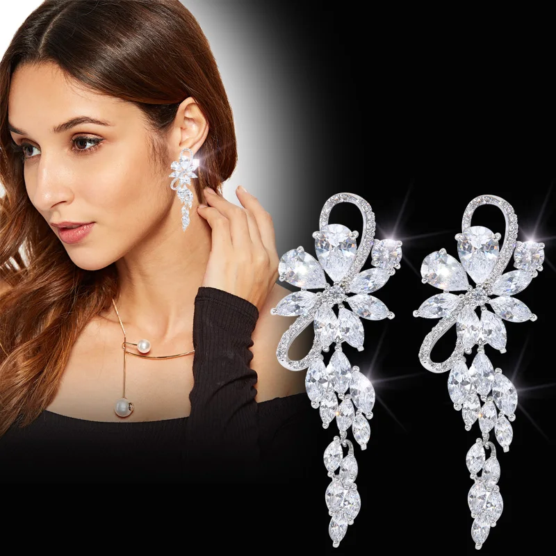 

WIN-B 1 Carats AAA Cubic Zirconia Crystal Female Big Long Luxury Drop Earrings Women Female Gifts Wedding Party Jewelry