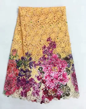 

5 Y/pc New fashion khaki embroidery milk silk lace fabric and prints colorful flower pattern french silk lace for clothes RM1-1