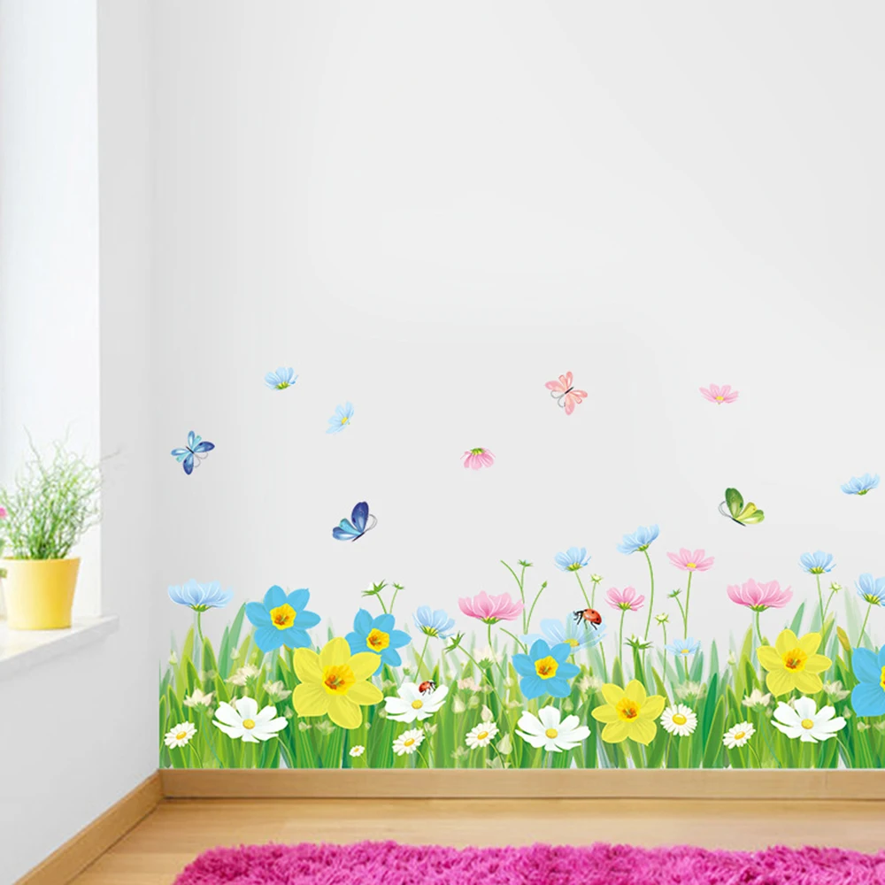 

Butterfly Flower Green Grass Skirting Wall Stickers Living room Bedroom Bathroom Baseboard Vinyl Decals Art DIY Home Decoration