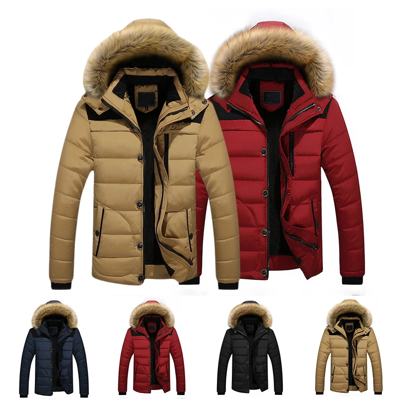 Зимняя куртка для мужчин толстые теплые пуховики меховой воротник с капюшоном на молнии пальто мужские тонкие однотонные толстовки парки с длинным рукавом M-5XL