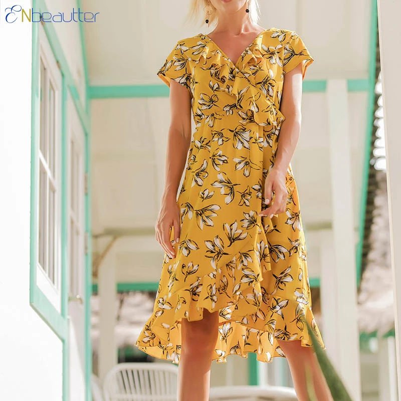 ENbeautter Summer Dress V-Neck Yellow Ruffles Prin...