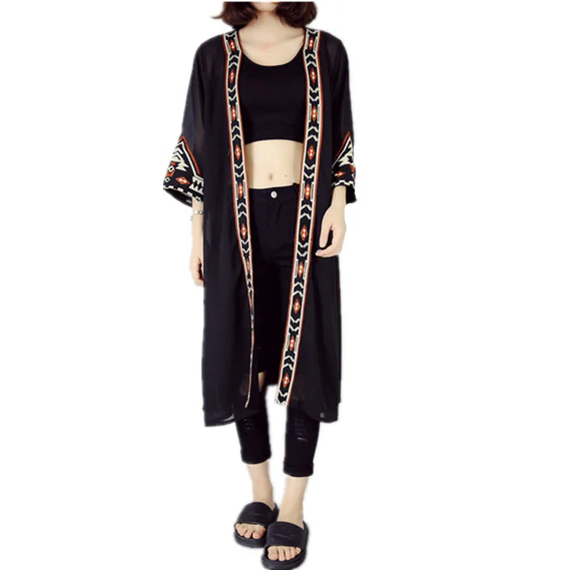 

Black White Kimono Cardigan Women Embroidery Long Cardigan Summer Beach Wear Chiffon Maxi Cardigan Female Vestido Longo