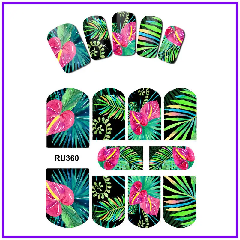 UPRETTEGO искусство ногтей Красота вода наклейка слайдер наклейки для ногтей тропический цветок растения Пальмовые Листья Маргаритка группа Орхидея RU355-360 - Цвет: RU360