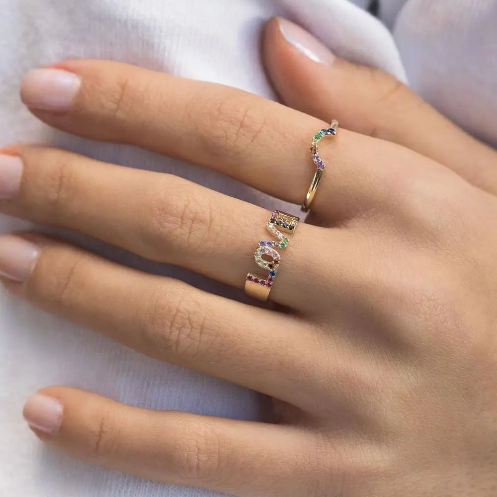 

Gold filled fashion jewelry engagement band ring custom rainbow love letter design colorful cz trend ring for women